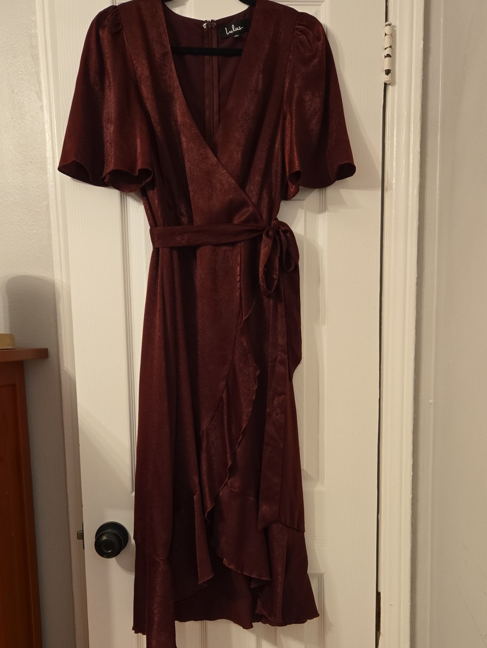 Lulu's Wine Satin Wrap High-Low Dress